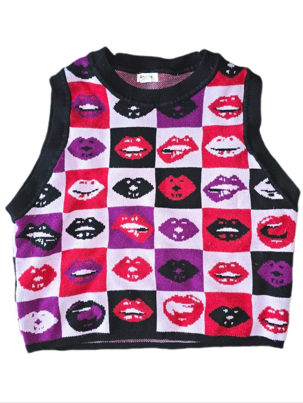 Garage Multicolor Lip-Print Cropped Knit Sweater Vest